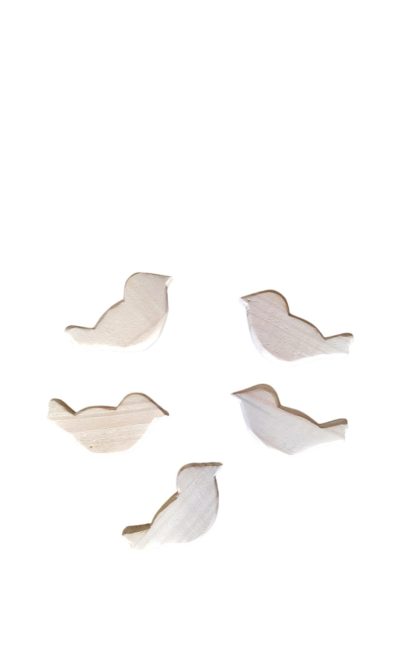 Kit com 5 passarinhos em madeira maciça, medindo 13 cm