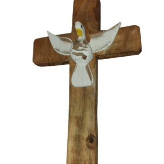Cruz rústica com divino em madeira maciça, medindo 30 cm
