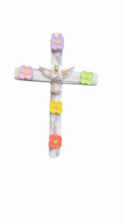 Cruz com pombinha e flores em madeira maciça, medindo 30 cm