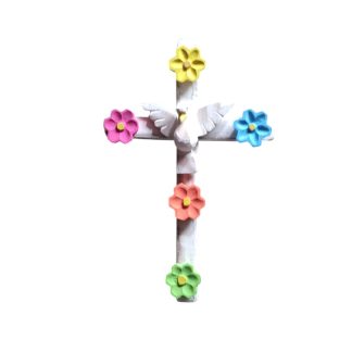 Cruz com divino e flores em madeira maciça, medindo 30 cm