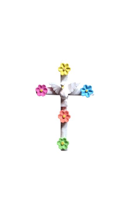 Cruz com divino e flores em madeira maciça, medindo 30 cm
